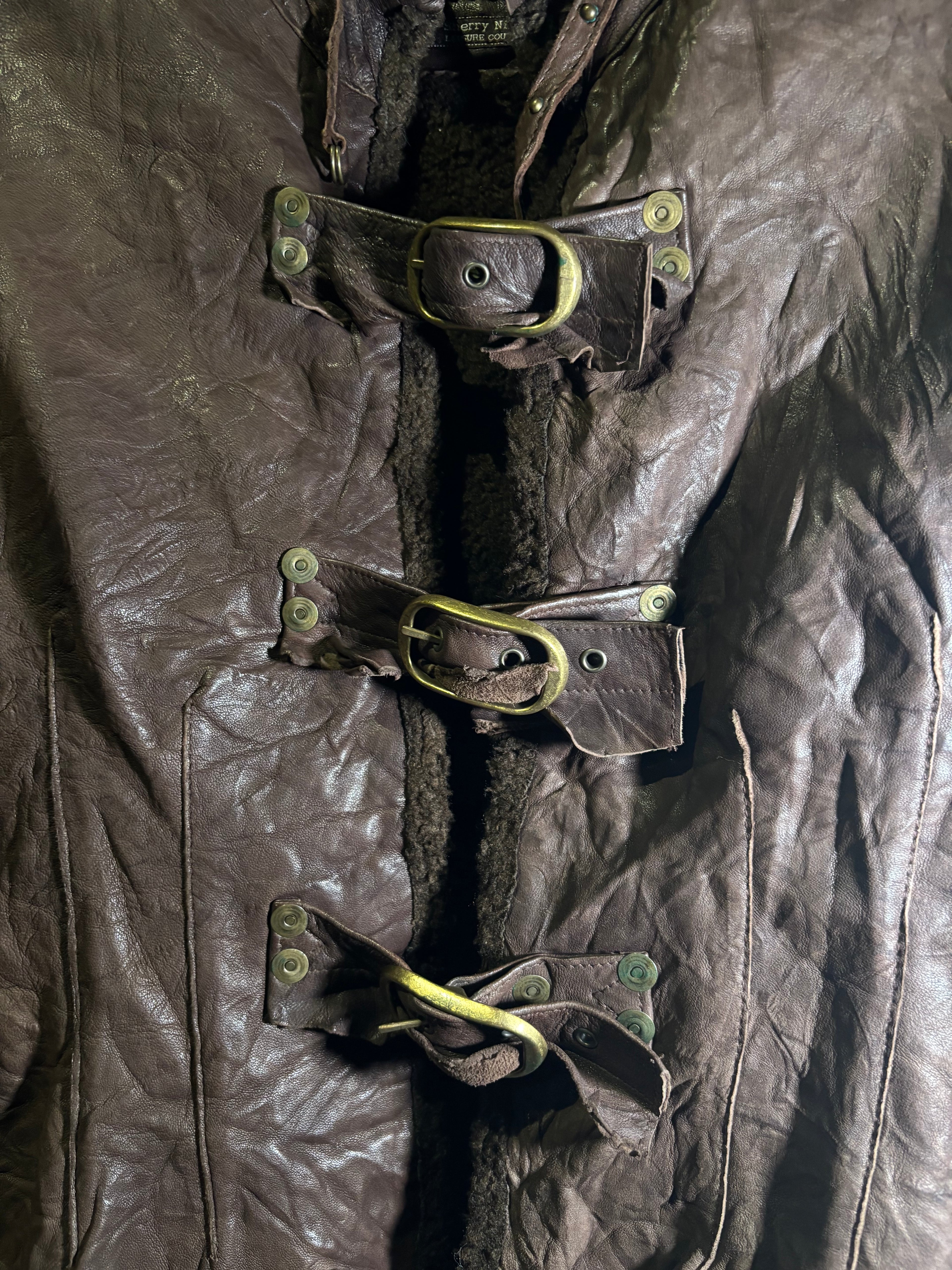 Brown Crinkled Leather Buckle Jacket with Back Graphic