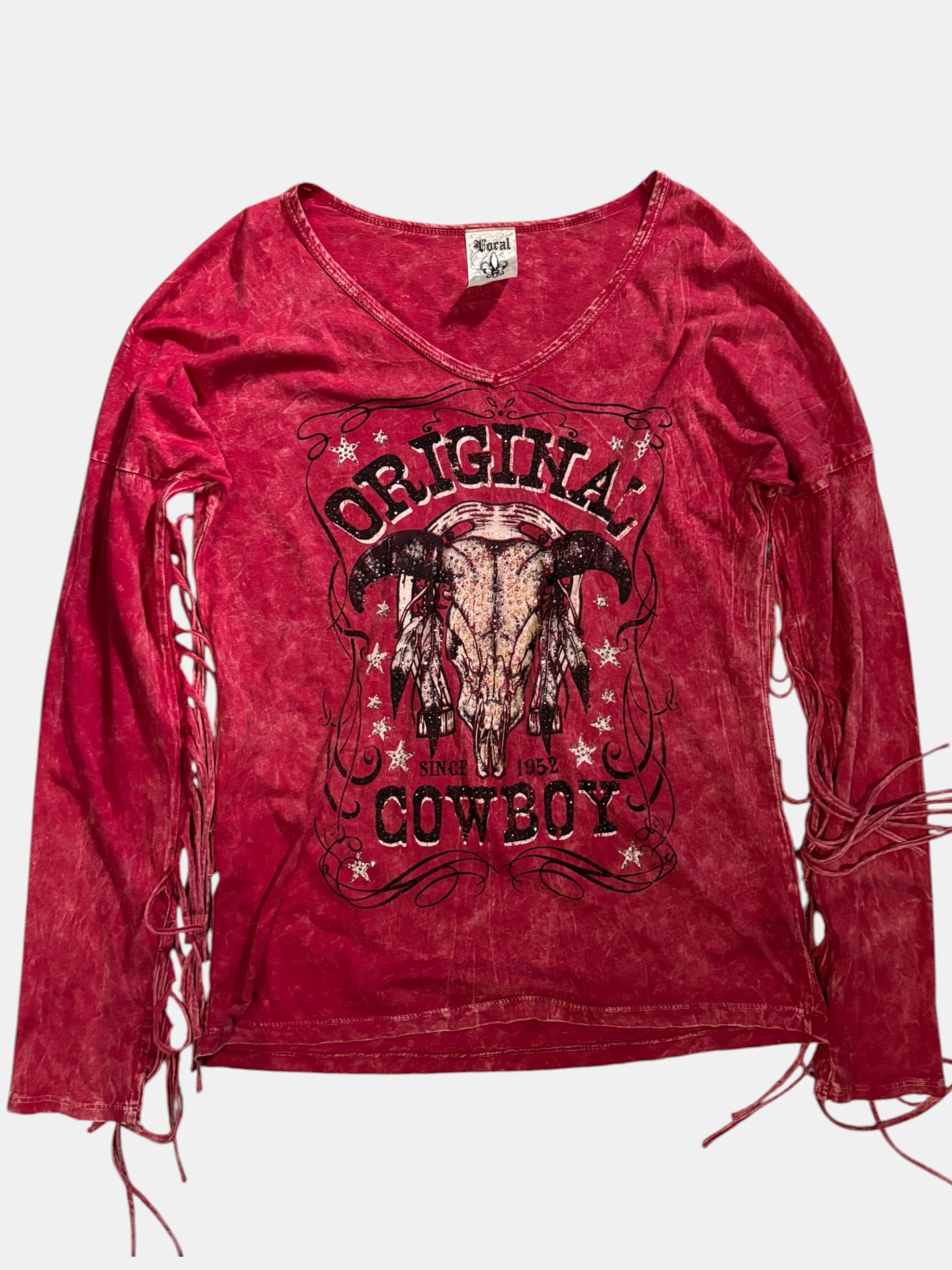 Vocal Y2K Rhinestone Cow Skull Lace-Up Long Sleeve