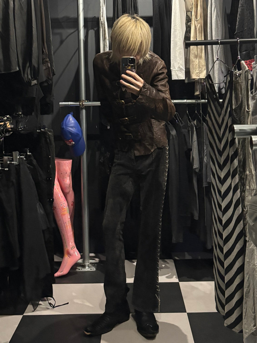 Brown Crinkled Leather Buckle Jacket with Back Graphic
