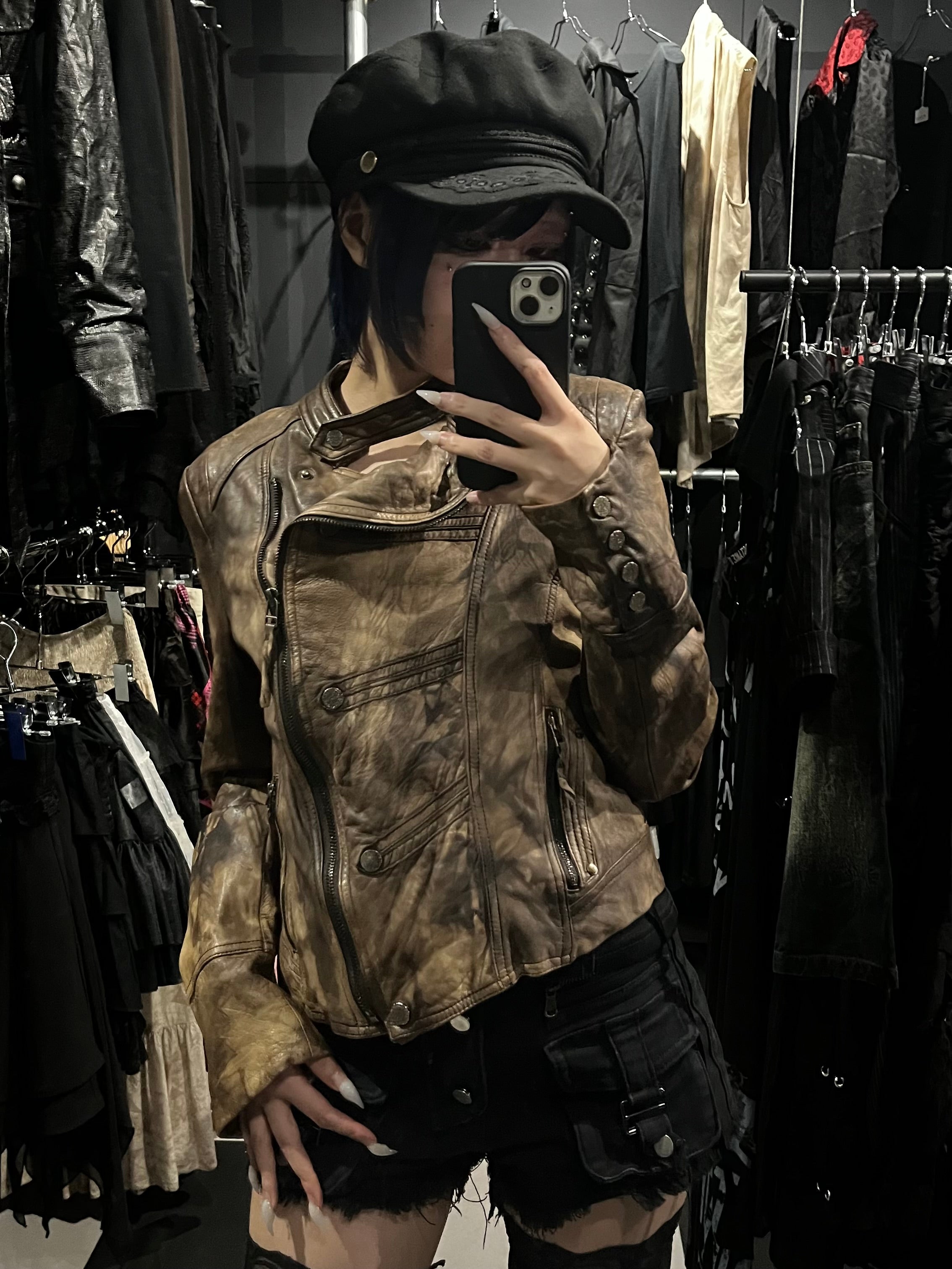 Archive Y2K Tie-Dye Smudged Leather Moto Jacket