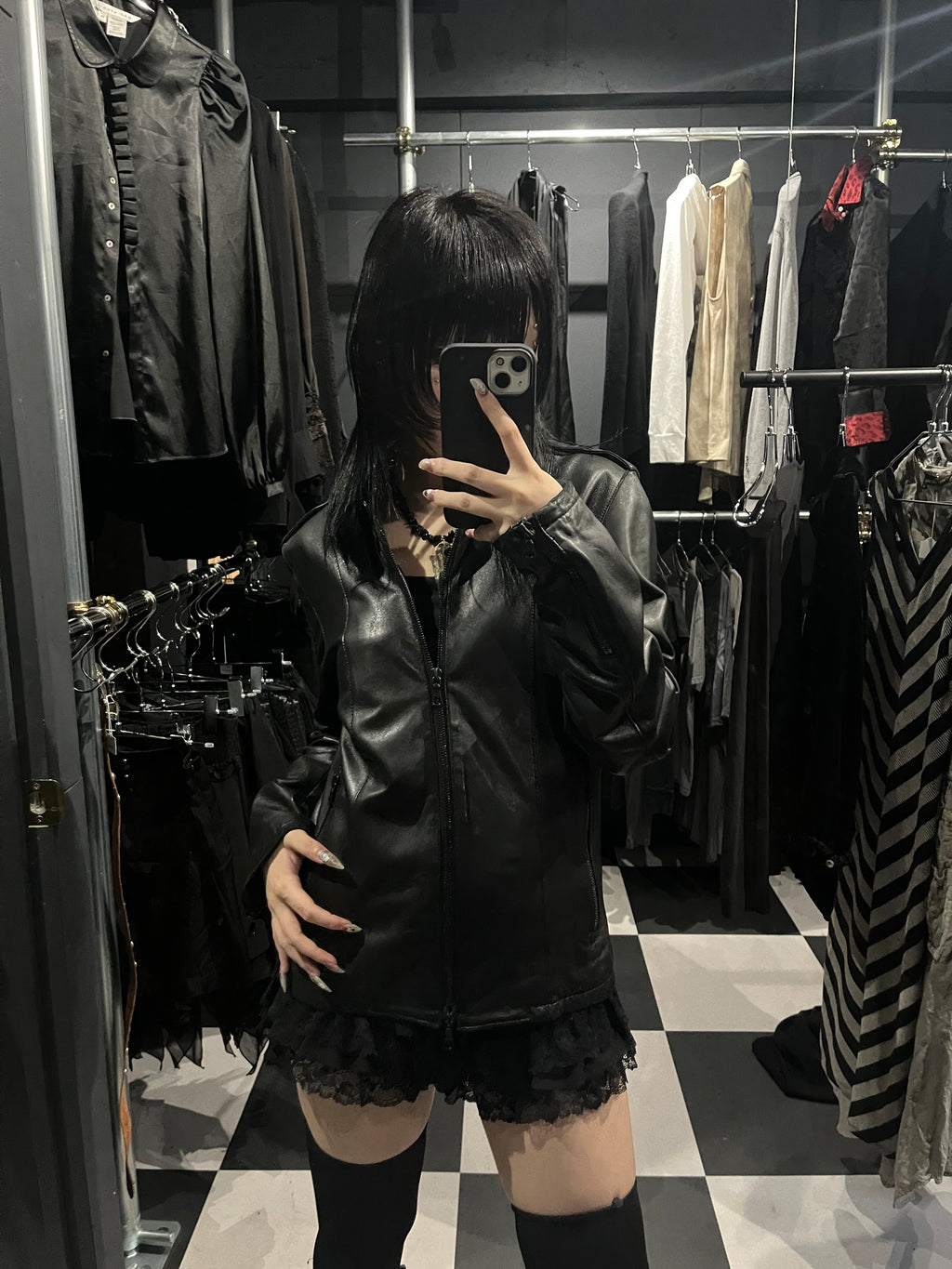 FACTOTUM Faux Leather V-Neck Racer Jacket