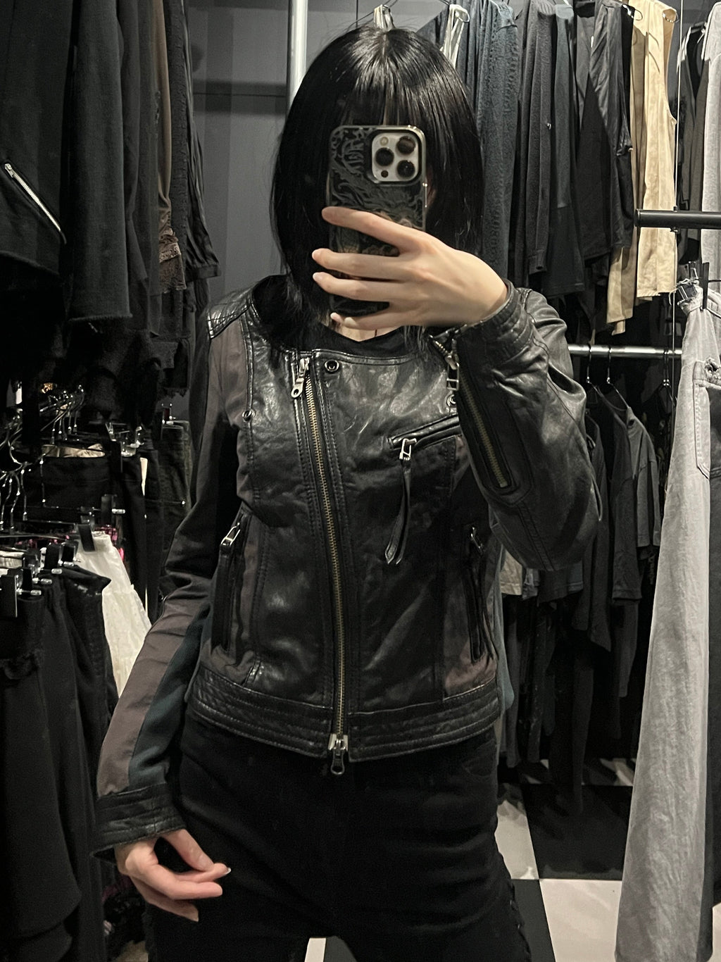5351 Archive Cyber-Y2K Distressed Leather Moto Jacket