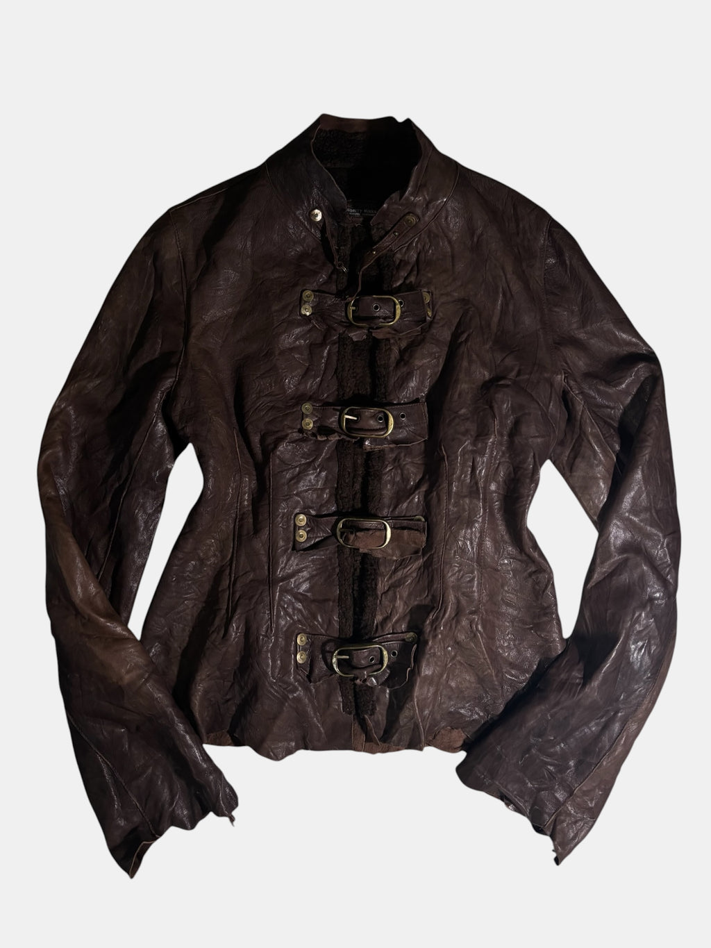 Brown Crinkled Leather Buckle Jacket with Back Graphic