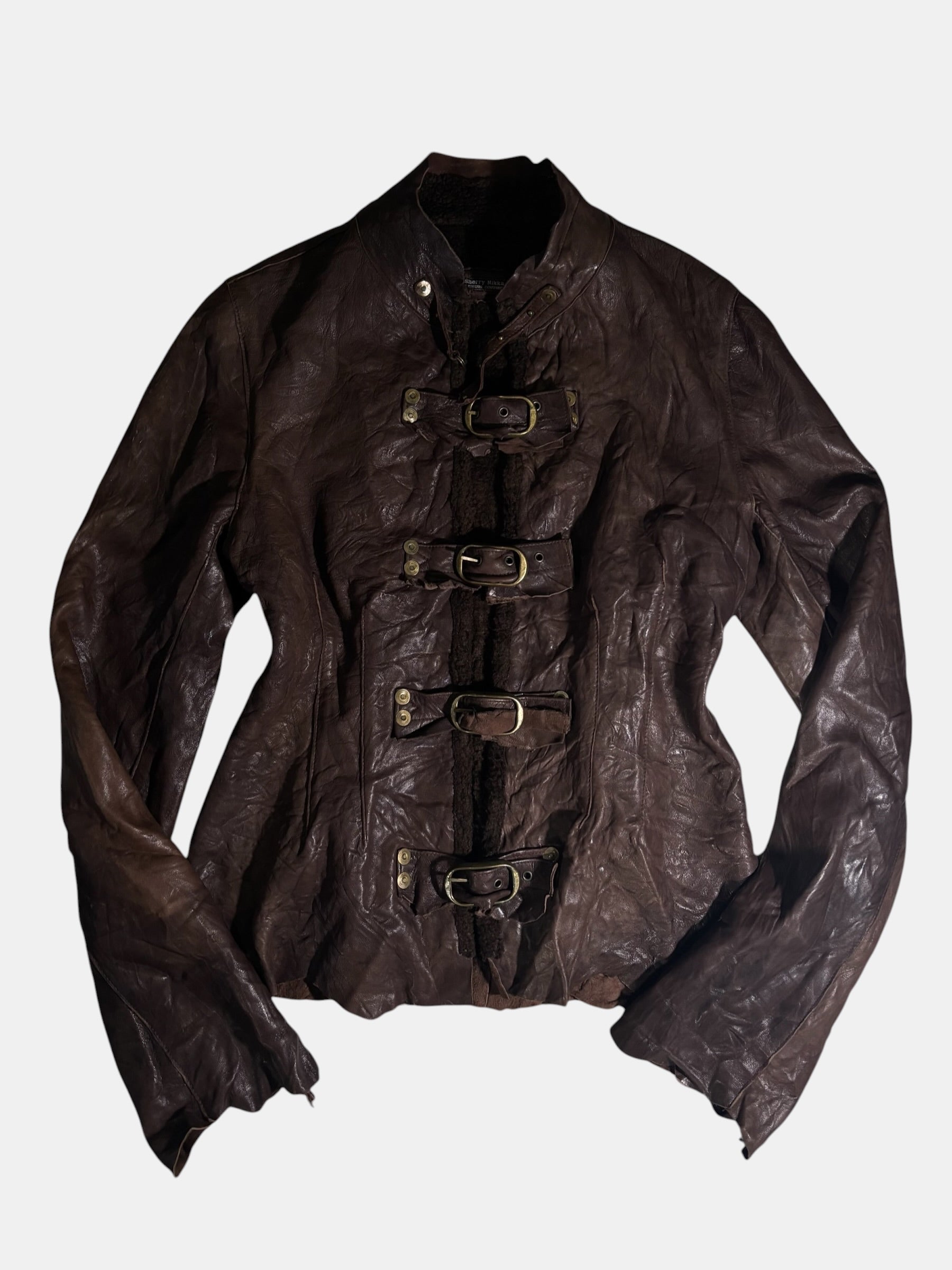 Brown Crinkled Leather Buckle Jacket with Back Graphic