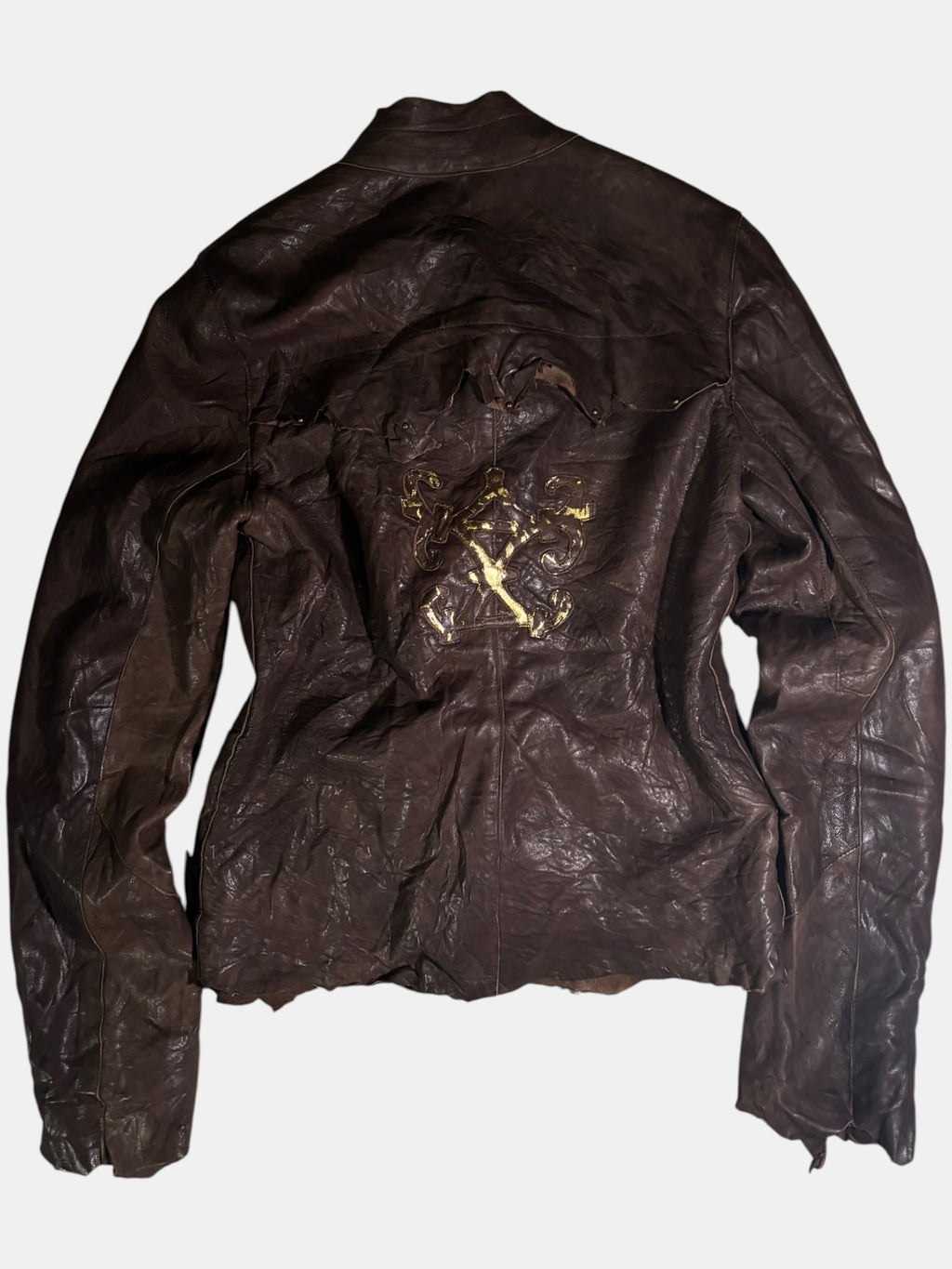 Brown Crinkled Leather Buckle Jacket with Back Graphic