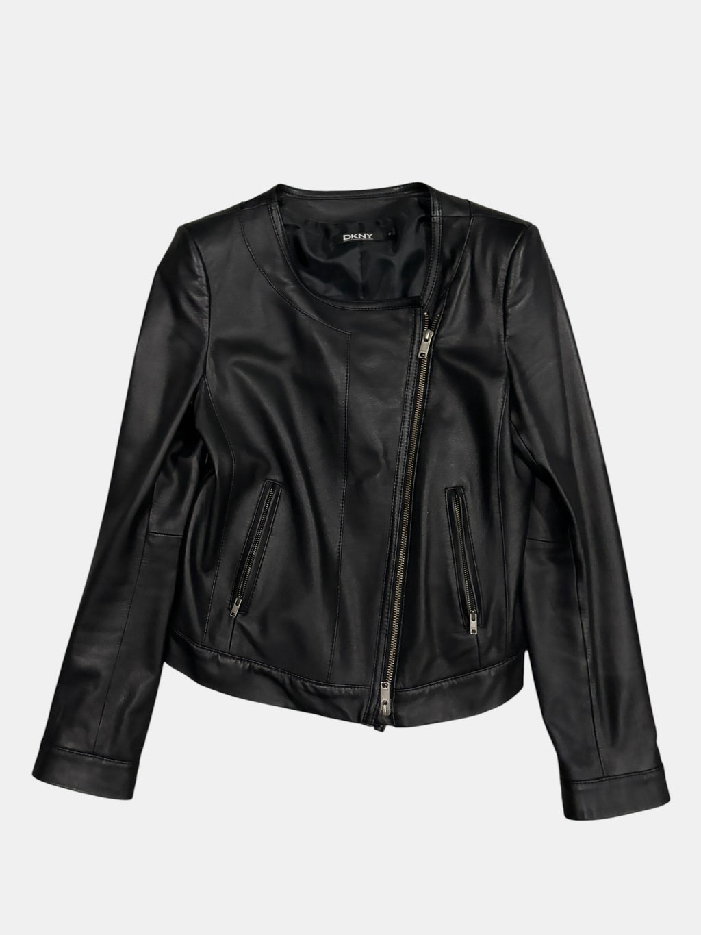 DKNY Minimalist Collarless Asymmetric Leather Jacket