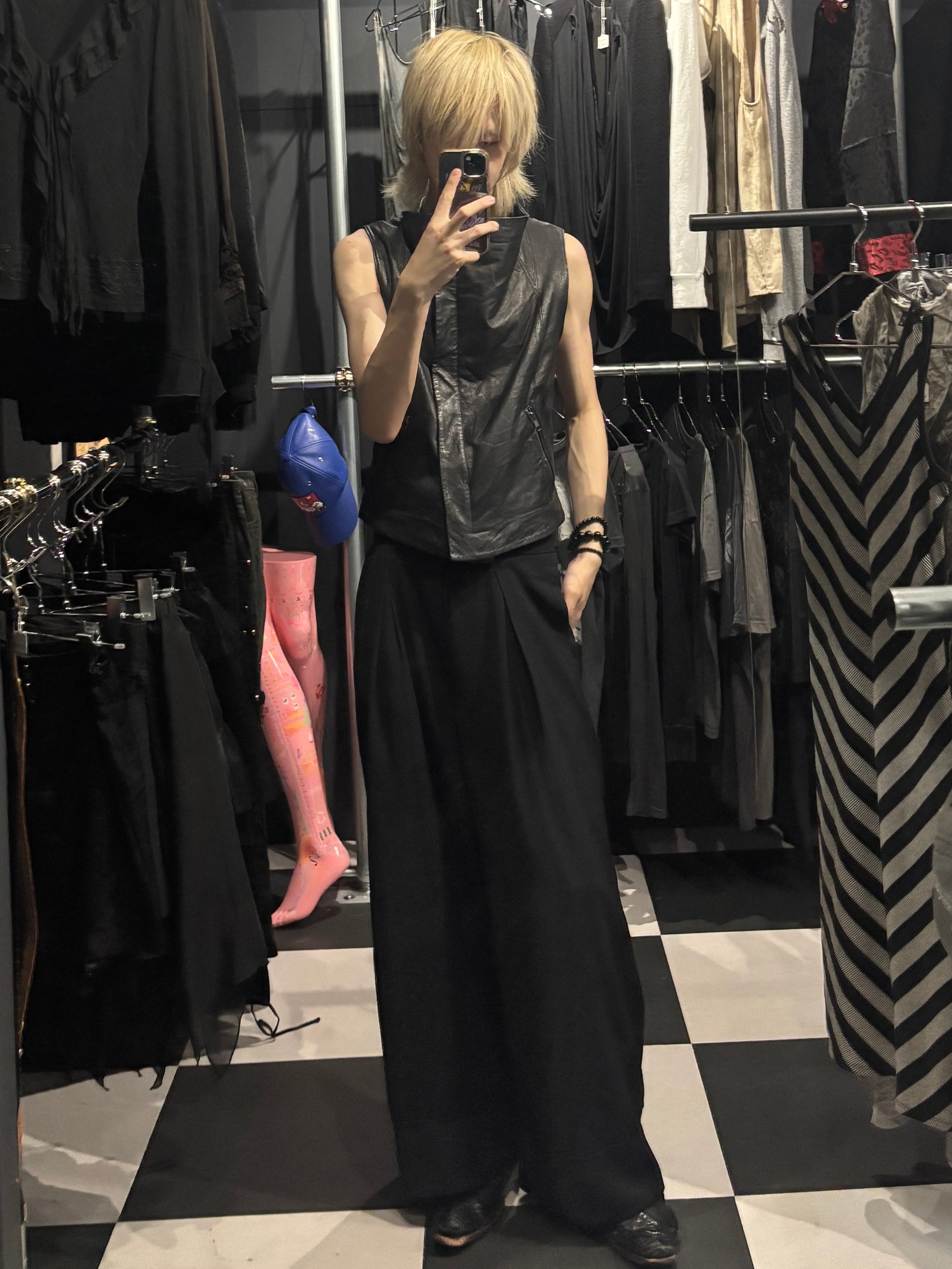 Asymmetric High-Neck Genuine Leather Vest