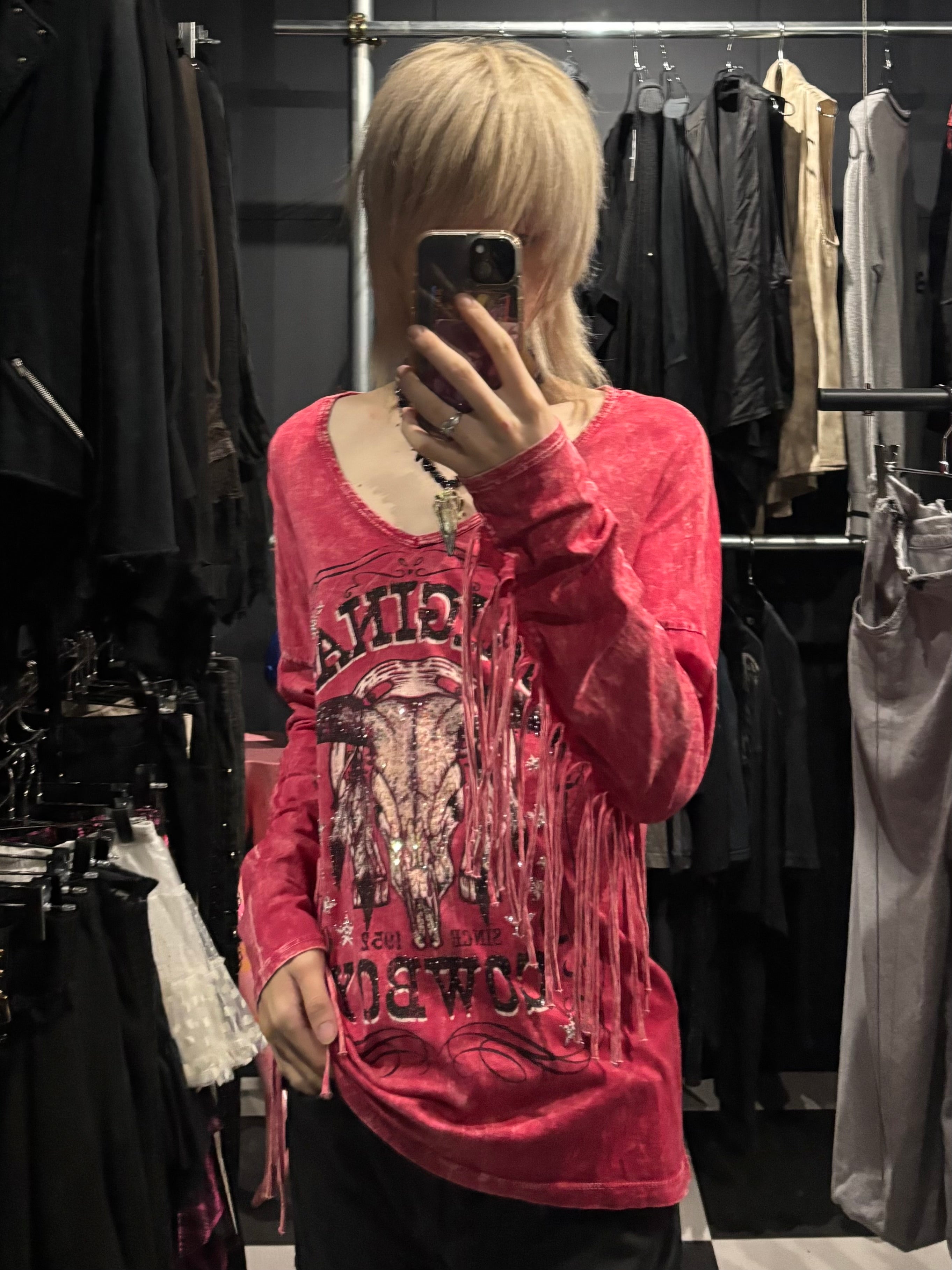Vocal Y2K Rhinestone Cow Skull Lace-Up Long Sleeve