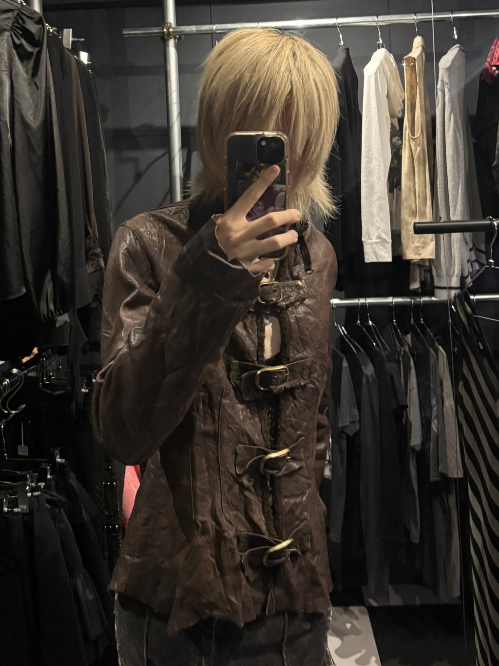 Brown Crinkled Leather Buckle Jacket with Back Graphic