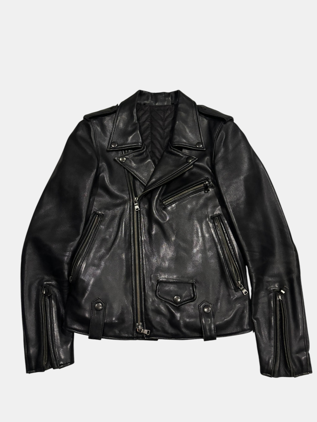 Punk-Rock Asymmetric Leather Moto Jacket with Epaulets