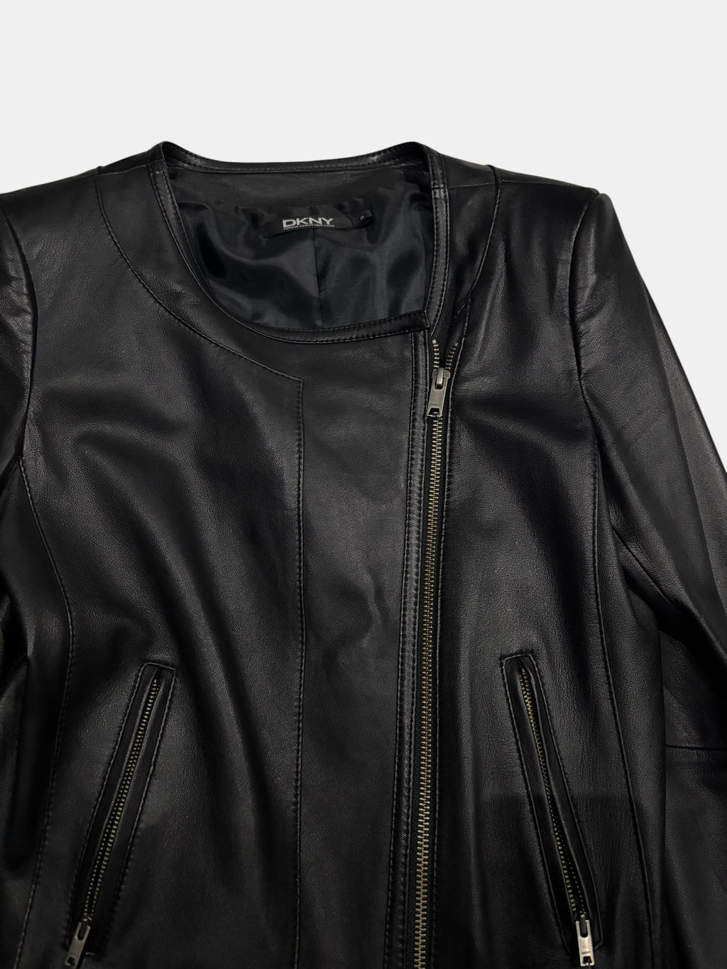 DKNY Minimalist Collarless Asymmetric Leather Jacket