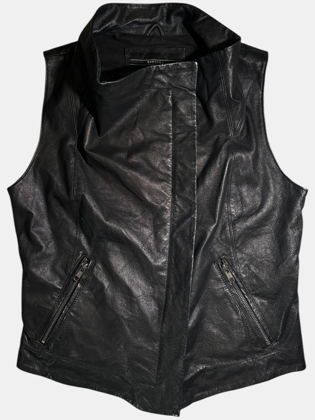 Asymmetric High-Neck Genuine Leather Vest