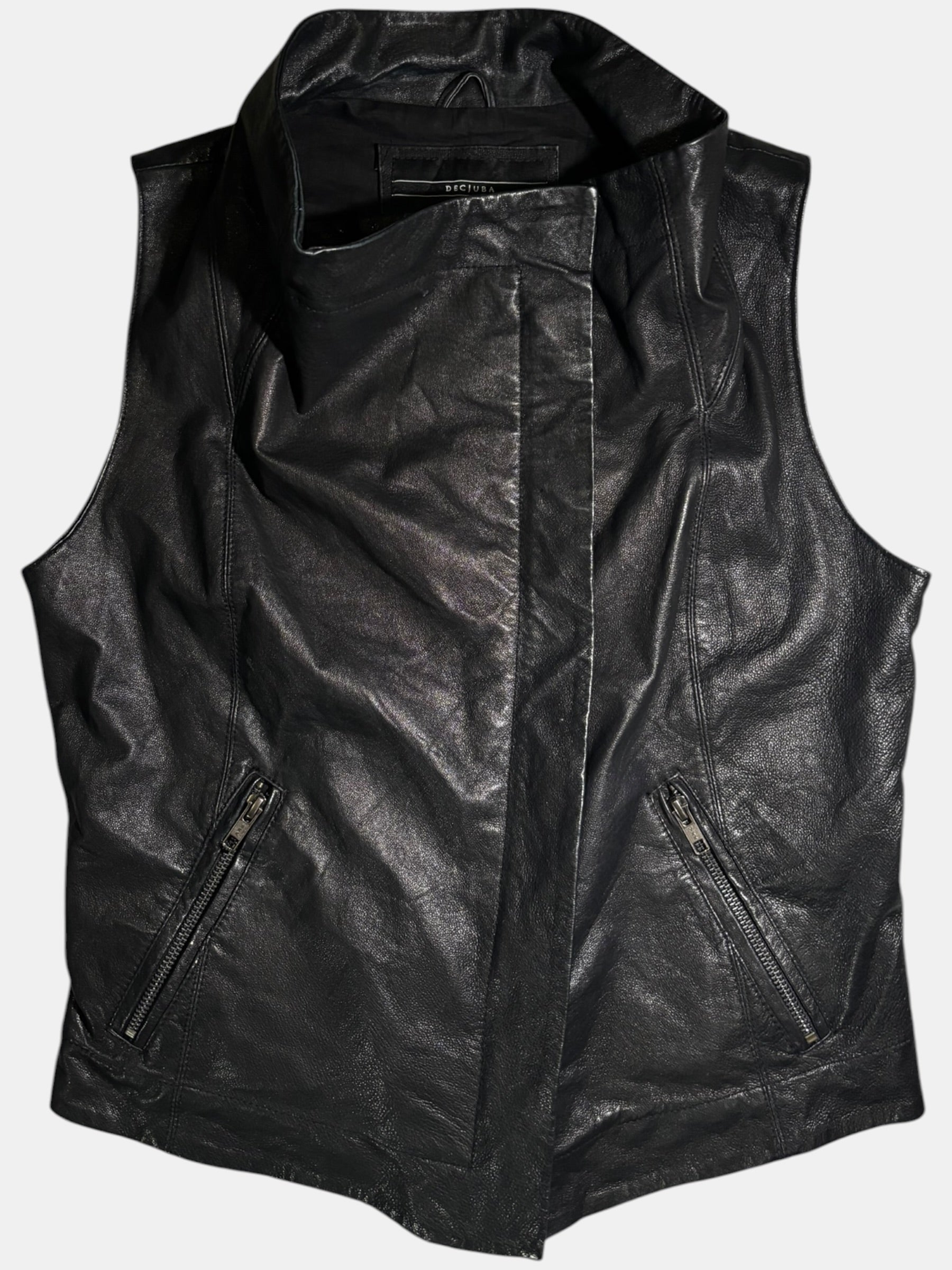 Asymmetric High-Neck Genuine Leather Vest