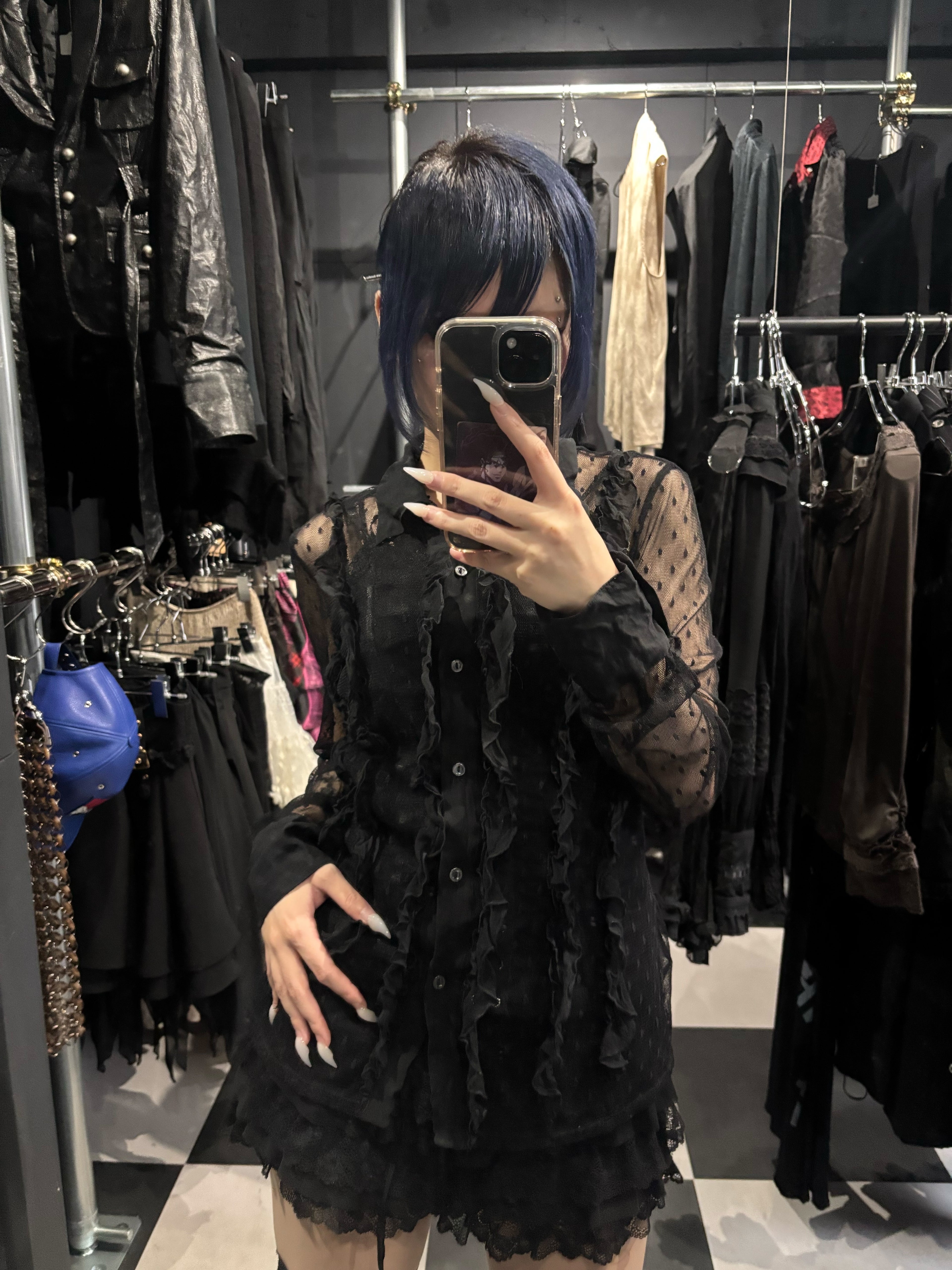 Gothic Black Polka Dot Mesh Ruffle Shirt