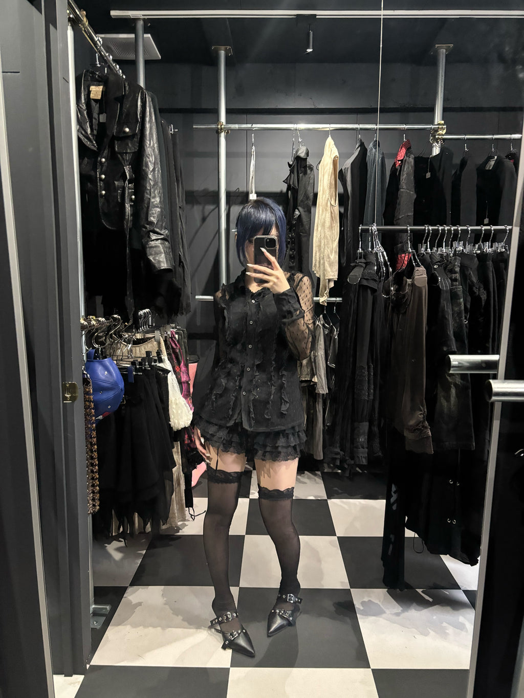 Gothic Black Polka Dot Mesh Ruffle Shirt