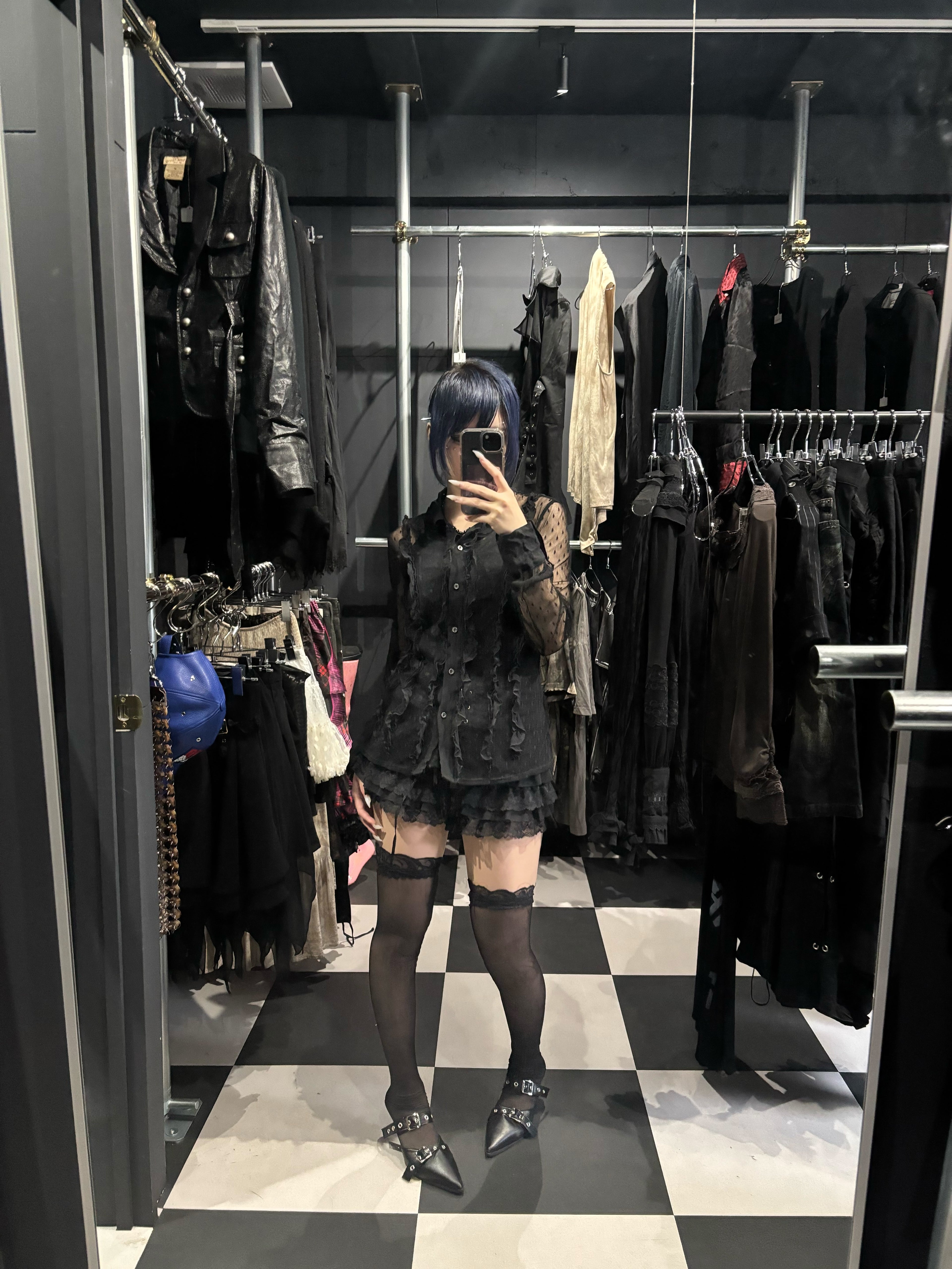 Gothic Black Polka Dot Mesh Ruffle Shirt