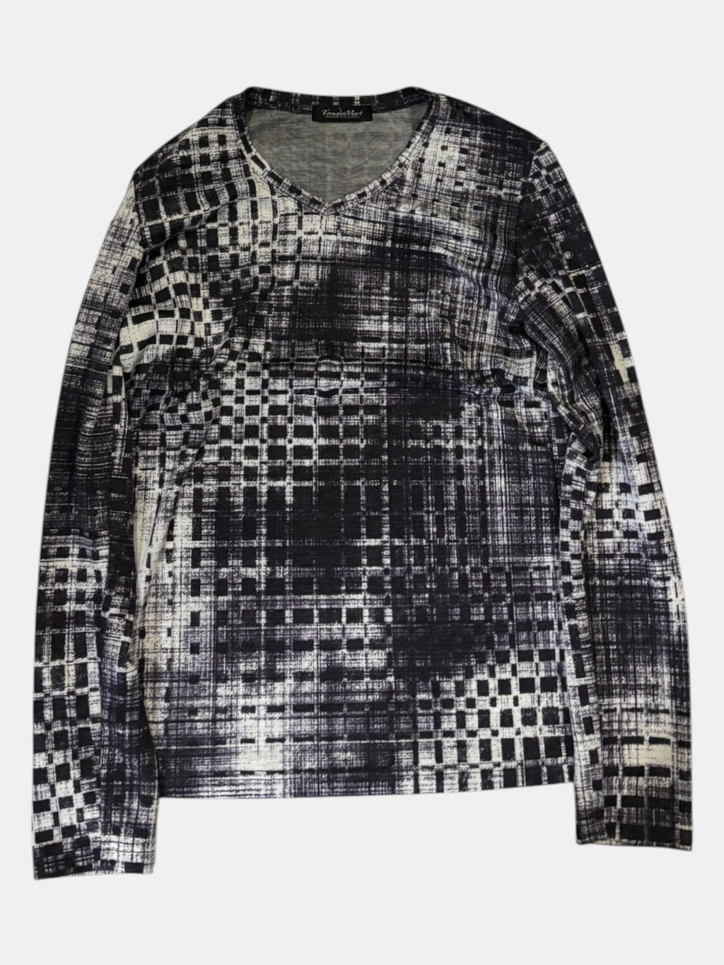 Tornado Mart Abstract Grid Print Long Sleeve V-Neck Top