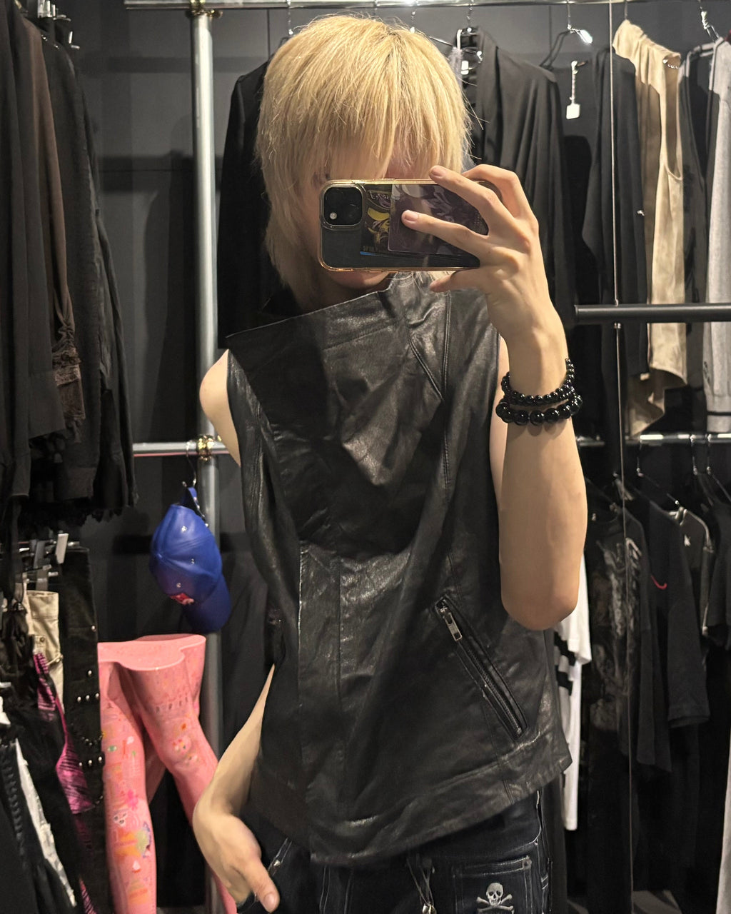 Asymmetric High-Neck Genuine Leather Vest